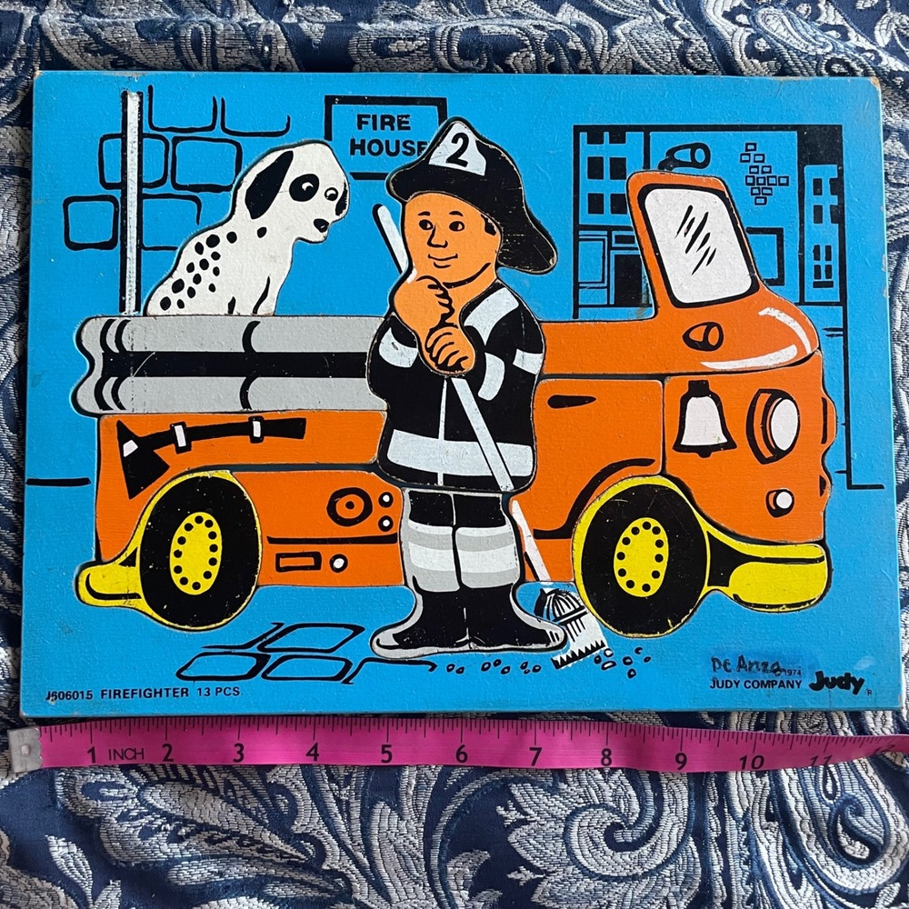 Vintage 1974 Judy Company Firefighter Wooden Inlay Puzzle 13 Pcs‎ J506015 11.5x9